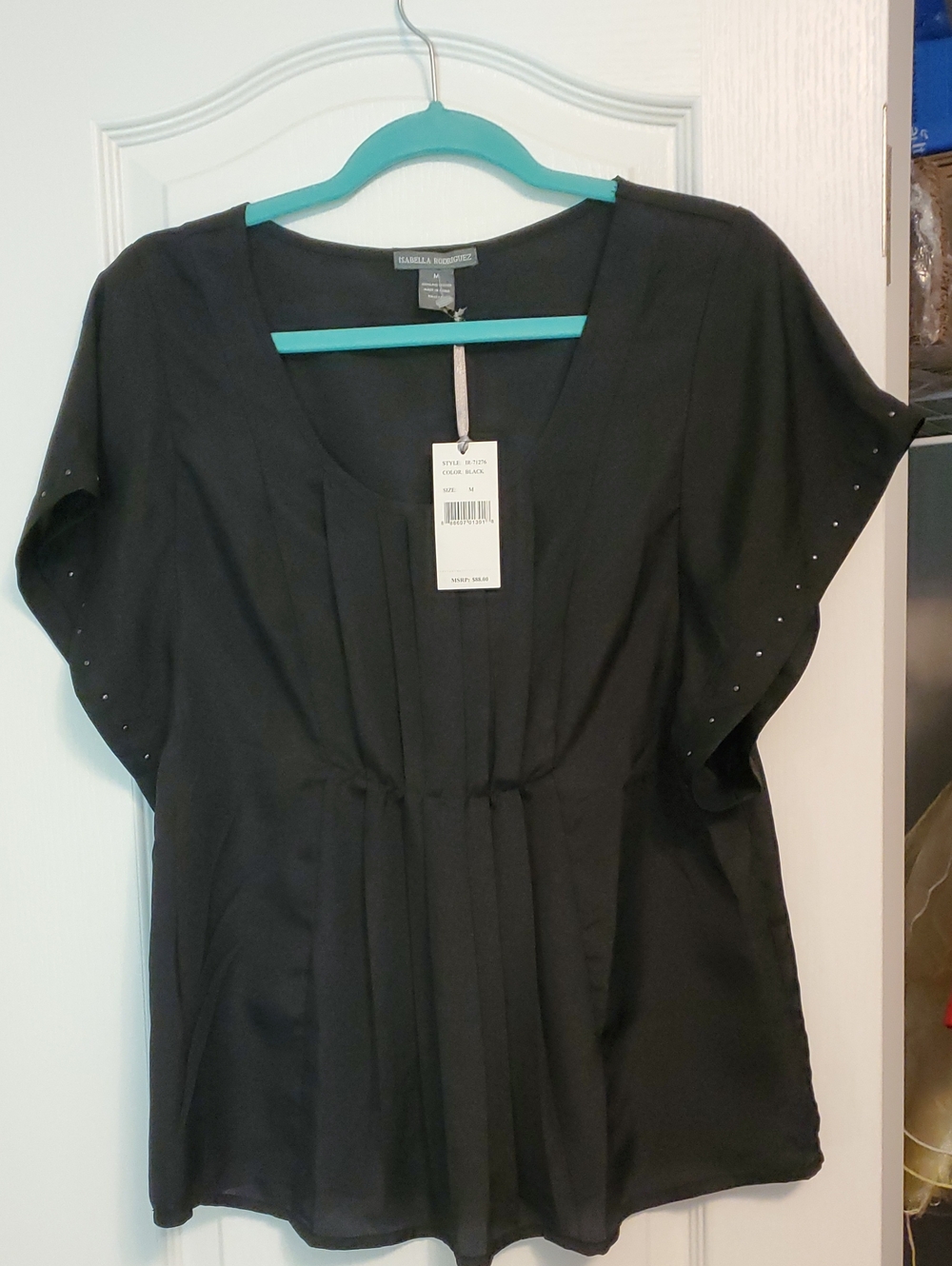 Isabella Rodriguez Black Pleated Short-Sleeve Blouse
